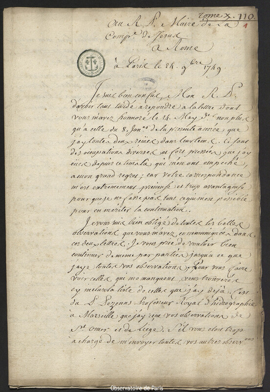 Lettre de Joseph-Nicolas Delisle à Christopher Maire, Paris, 24 novembre 1749