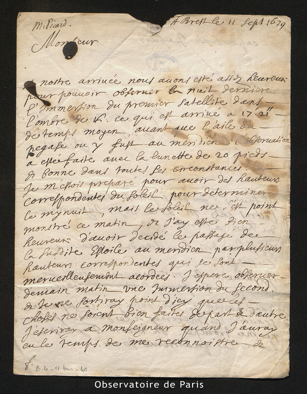 Lettre de Picard à Cassini I, Brest le 11 septembre 1679