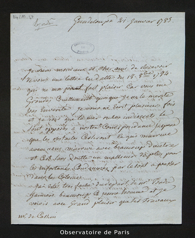 Lettre de Foulquier à Cassini [III ou IV], Guadeloupe le 21 janvier 1783