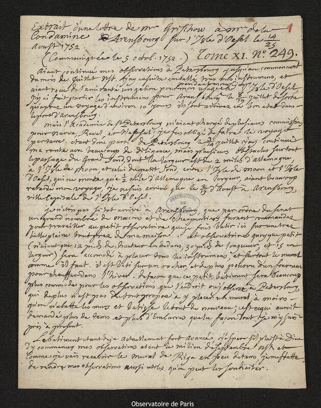 Extrait d'une lettre de Augustin Nathanael Grischow à Charles Marie de La Condamine, Arensbourg sur l'île d'Oesel, 25 août 1752