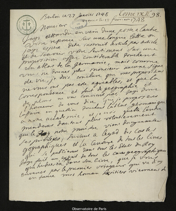 Lettre de comte Samuel de Schmettau à Joseph-Nicolas Delisle, Berlin, 27 janvier 1748