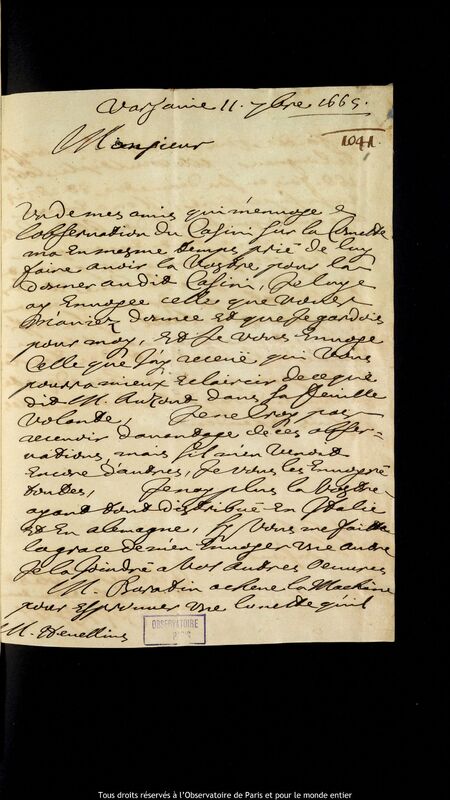 Lettre de Pierre Des Noyers à Jan Heweliusz, Varsovie, 11 septembre 1665