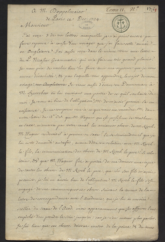 Lettre de Joseph-Nicolas Delisle à Johann Gabriel Doppelmayr, Paris, décembre 1724