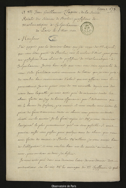 Lettre de Joseph-Nicolas Delisle à Johann Wilhelm Wagner, Paris, 6 novembre 1720