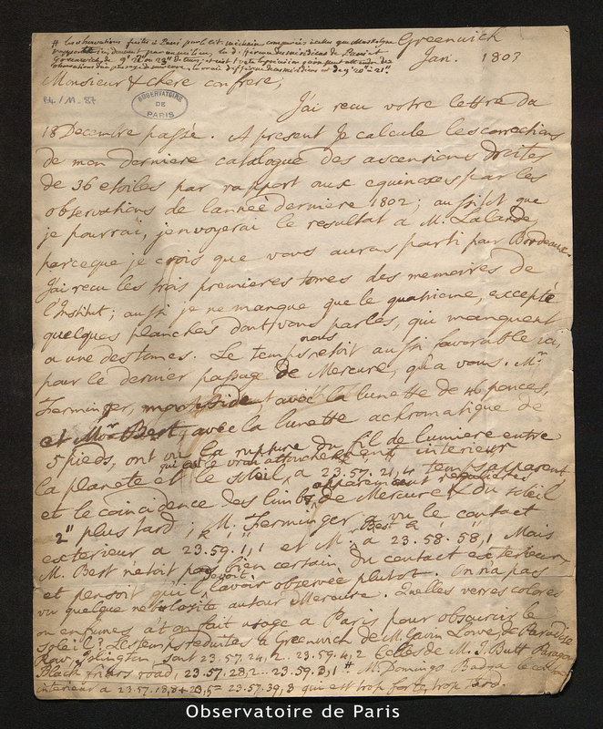 Lettre de Maskelyne à Méchain, Greenwich en janvier 1803