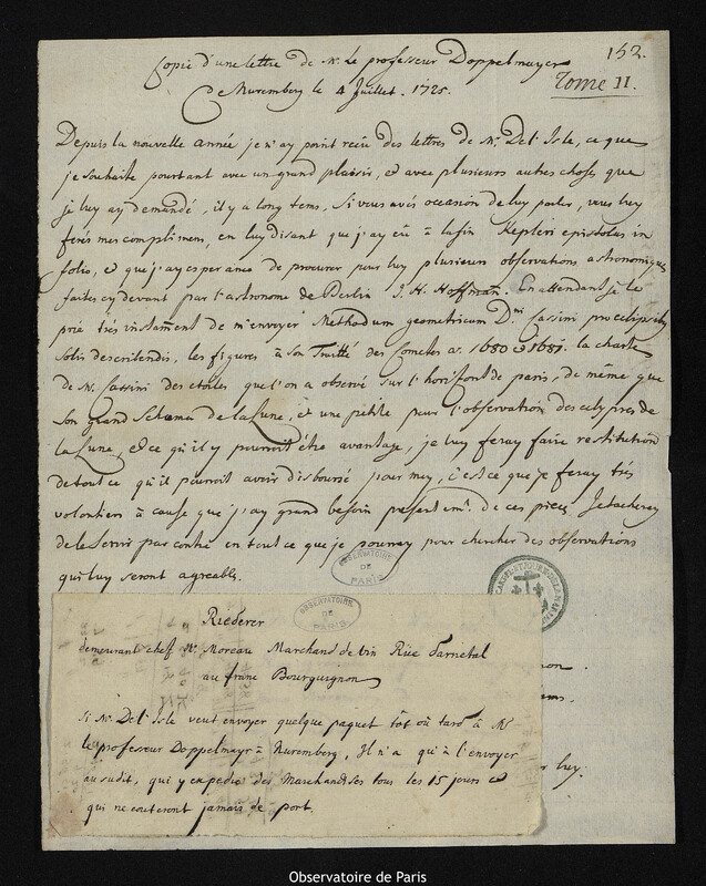 Copie d'une lettre de M. le professeur Doppelmayr à Riederer, Nuremberg, 4 juillet 1725