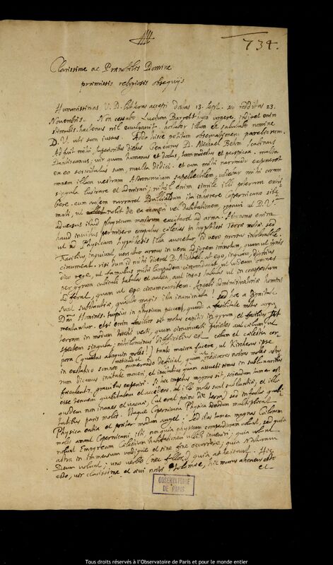 Lettre de Theodor Moret à Jan Heweliusz, Wroclaw, 25 novembre 1661