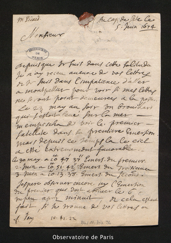 Lettre de Picard à Cassini I, au Cap de Sète le 5 juin 1674