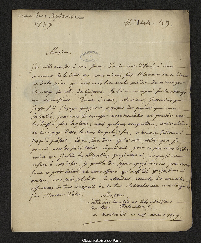 Lettre de Louis Patouillet à Joseph-Nicolas Delisle, Montreuil, 28 août 1759