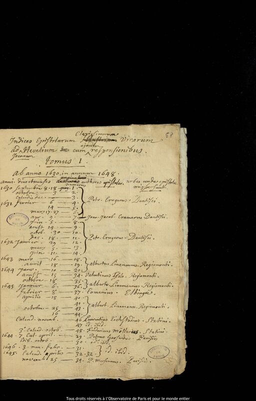 Liste des lettres à Hevelius contenues dans le 1er volume de la main de Joseph-Nicolas Delisle