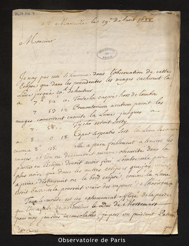 Lettre de Chazelles à Cassini, Marseille le 19 avril 1688