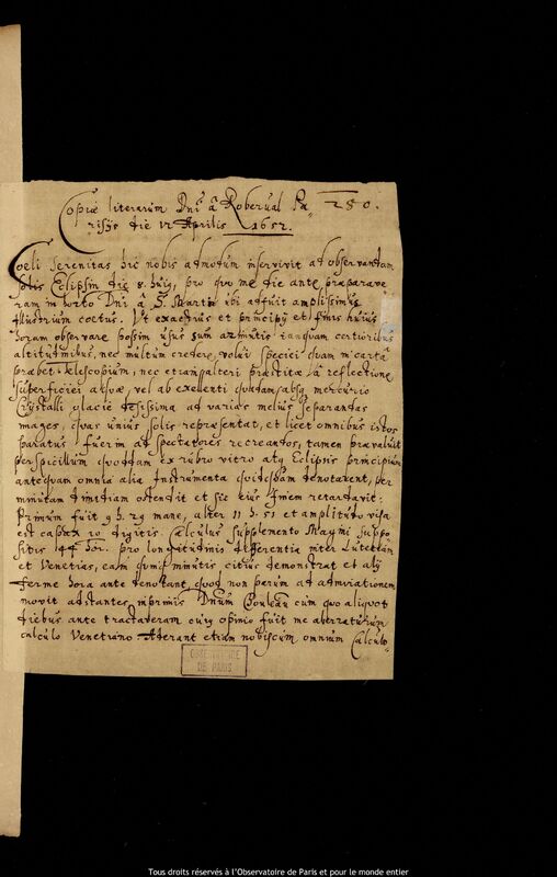 Lettre de Gilles Personne de Roberval à un destinataire non identifié, Paris, 12 avril 1652