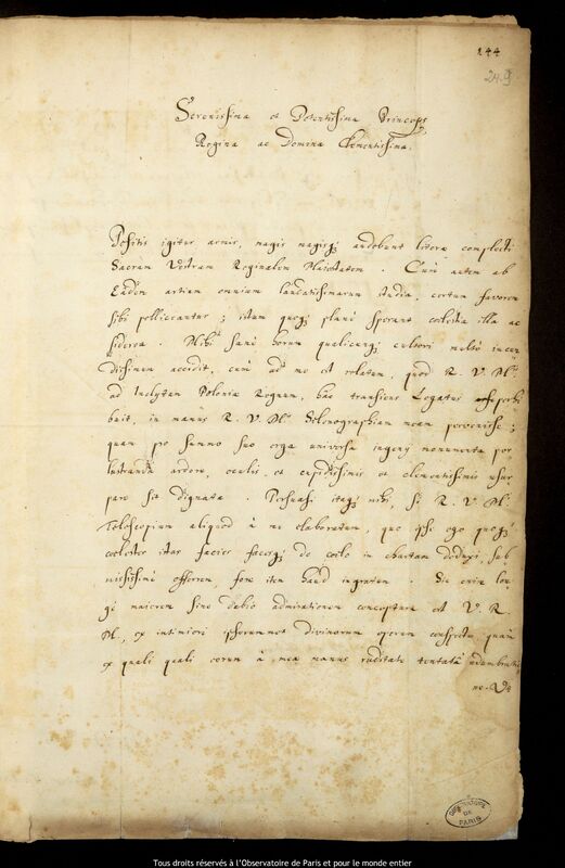 Lettre de Jan Heweliusz à Christine (reine de Suède), Gdansk, 29 mai 1649