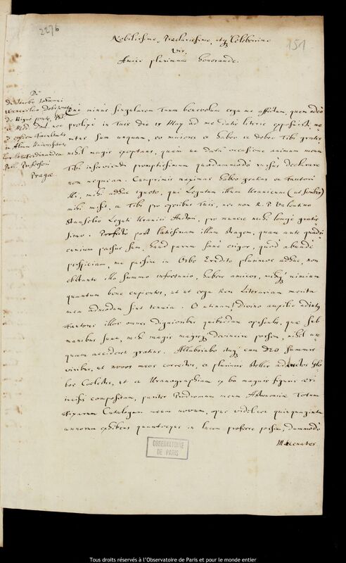 Lettre de Jan Heweliusz à Jacobus Johannes Wenceslaus Dobrzensky, Gdansk, 9 octobre 1683