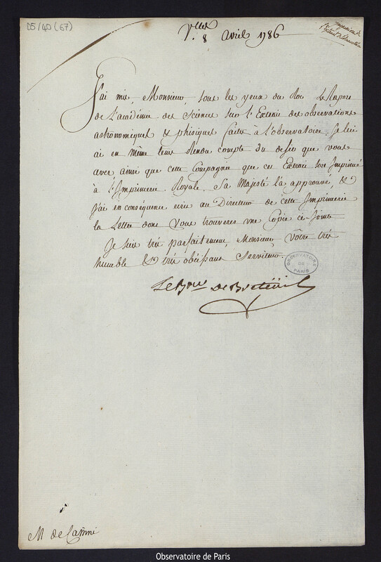 Lettre de Louis Le Tonnelier, baron de Breteuil, à Cassini IV, directeur de l'Observatoire, le 8 avril 1786