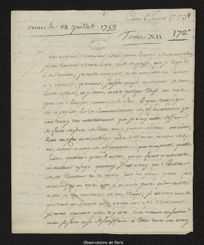 Lettre de Louis Godin à Joseph-Nicolas Delisle, Cadix, 6 juillet 1753