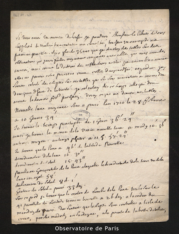 Lettre de Malezieu à Maraldi, Sceaux le 23 novembre 1709