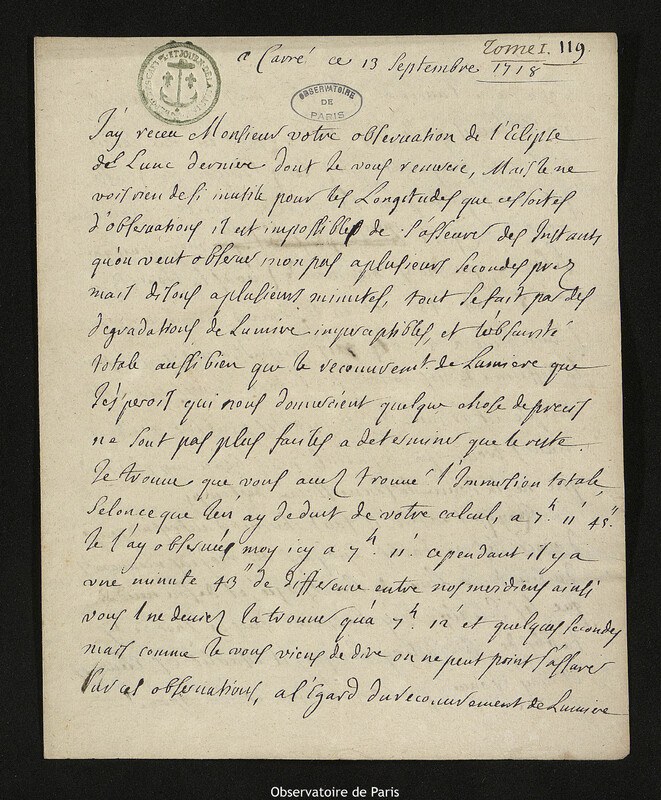 Lettre de Jacques d'Allonville de Louville à Joseph-Nicolas Delisle, Lieu-dit Le Clos du Petit Carré, 13 septembre 1718