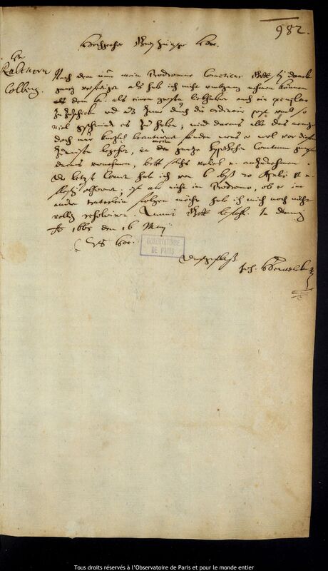 Lettre de Jan Heweliusz à Johann Gebhard Rabener, Gdansk, 16 mai 1665