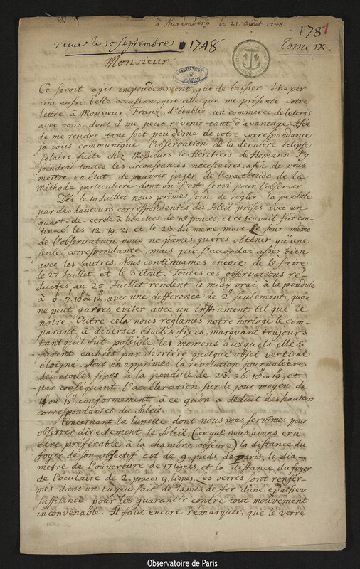 Lettre de Johann Tobias Mayer à Joseph-Nicolas Delisle, Nuremberg, 21 août 1748