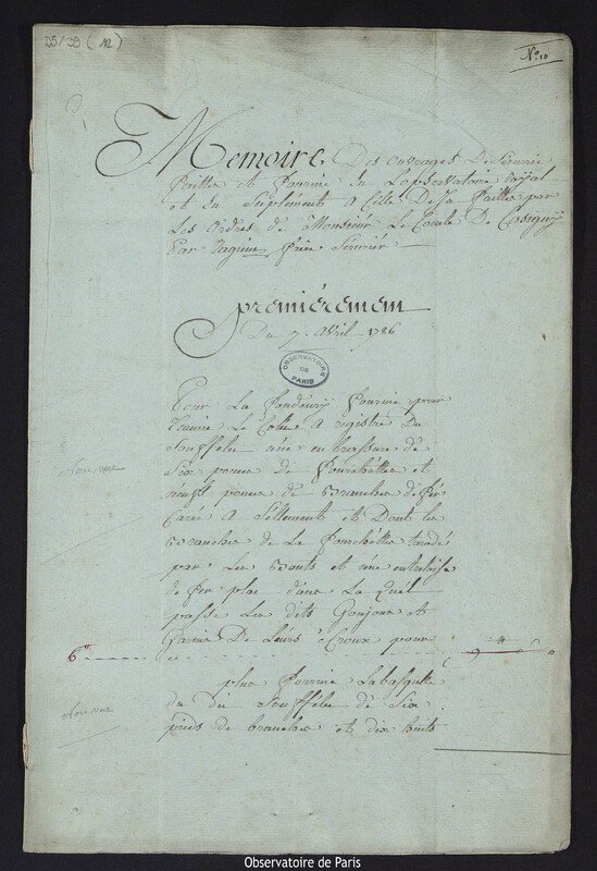 Mémoire des ouvrages de serrurerie faits et fournis en l'Observatoire Royal et en supplément à ceux déjà faits par les ordres de Monsieur le Comte D. Cassini par Raguin frère serrurier