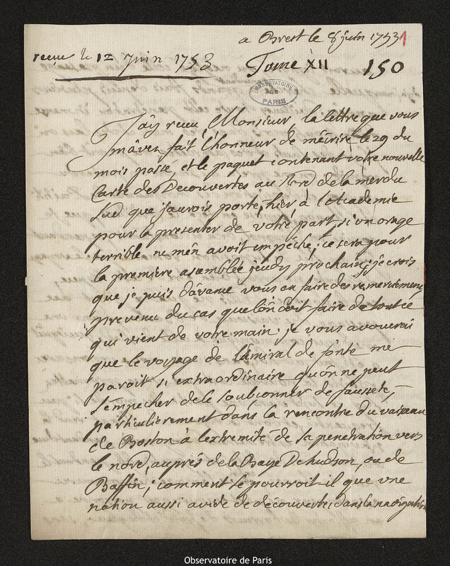 Lettre de Amédée Frezier à Joseph-Nicolas Delisle, Brest, 8 juin 1753