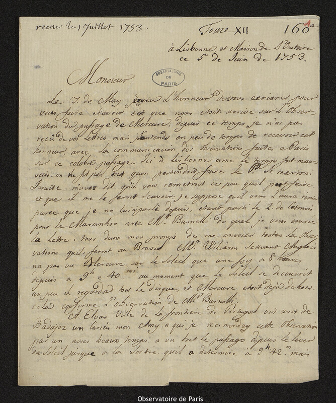 Lettre de Jean Chevalier à Joseph-Nicolas Delisle, Lisbonne, 5 juin 1753