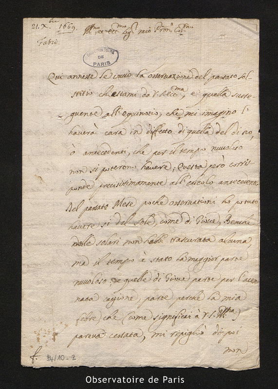 Lettre de Fabri à Cassini I, le 21 décembre 1669