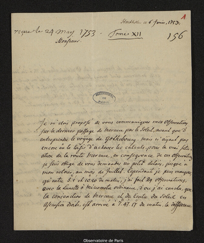 Lettre de Pehr Wilhelm Wargentin à Joseph-Nicolas Delisle, 6 juin 1753