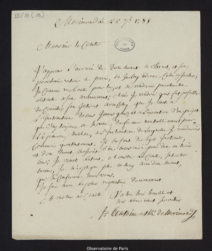 Lettre d'Antoine Chautan, abbé de Morimond à Cassini IV, 26 septembre 1785