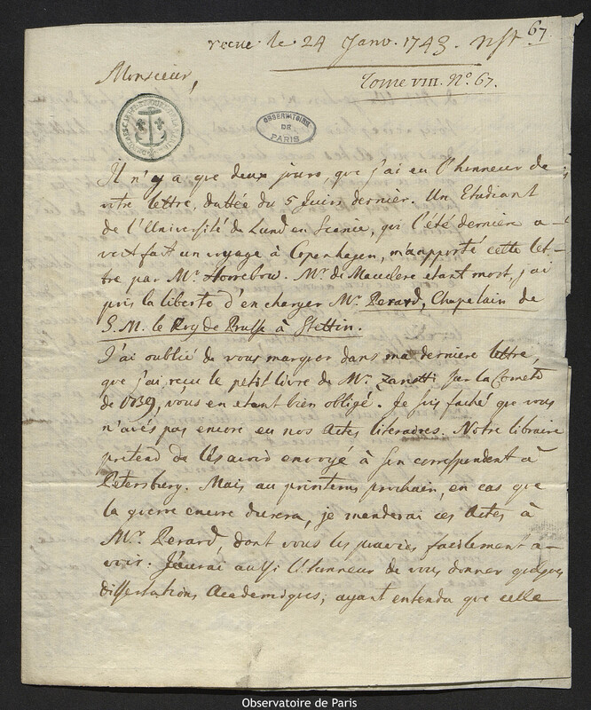 Lettre de Anders Celsius à Joseph-Nicolas Delisle, Uppsala, 10 décembre 1742