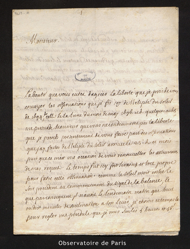 Lettre d'Advizard à Cassini I, Arles le 30 septembre 1699