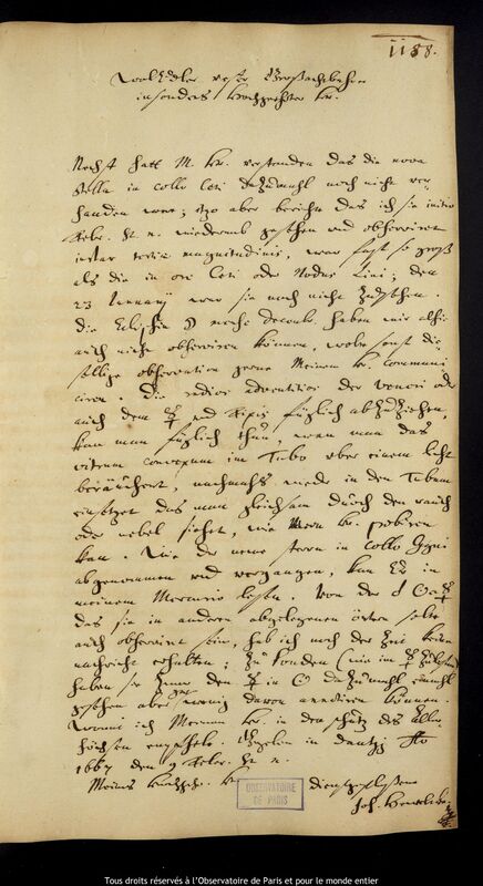 Lettre de Jan Heweliusz à Ulrich Clemens Michaelis, Gdansk, 9 février 1667