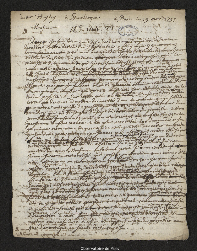 Lettre de Joseph-Nicolas Delisle à Thomas Hayley,Paris, 19 novembre 1753