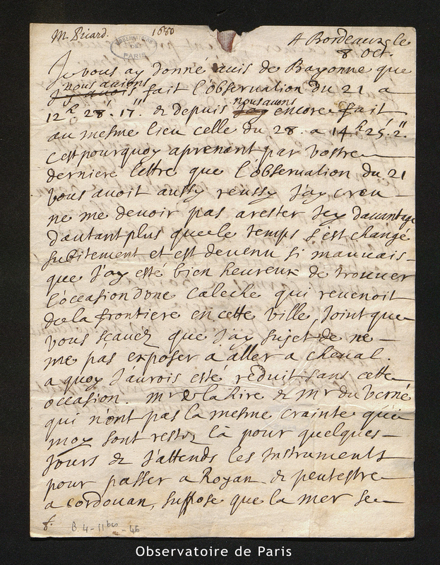 Lettre de Picard à Cassini I, Bordeaux le 8 octobre 1680