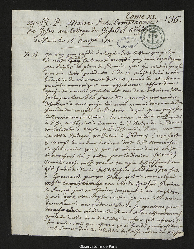 Lettre de Joseph-Nicolas Delisle à Christopher Maire, Paris, 16 août 1751