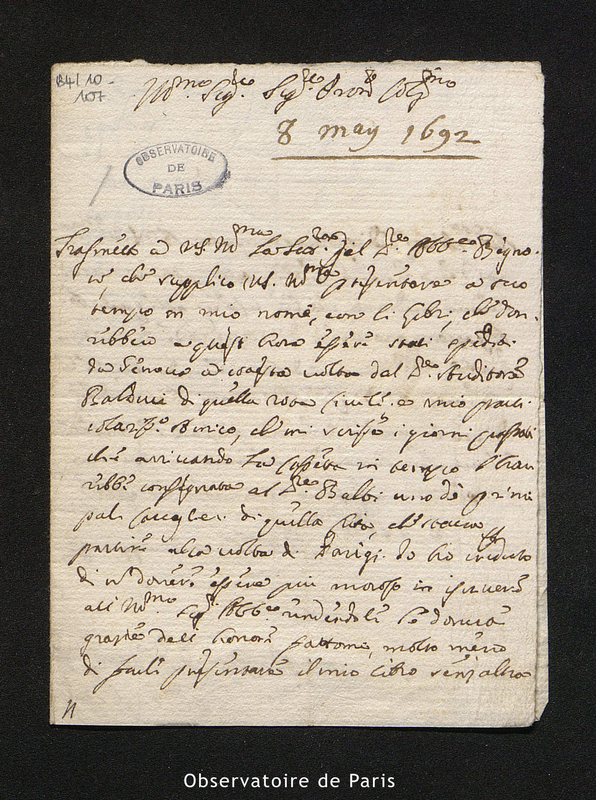 Lettre de Guglielmini à [Cassini I], Bologne le 8 mai 1692