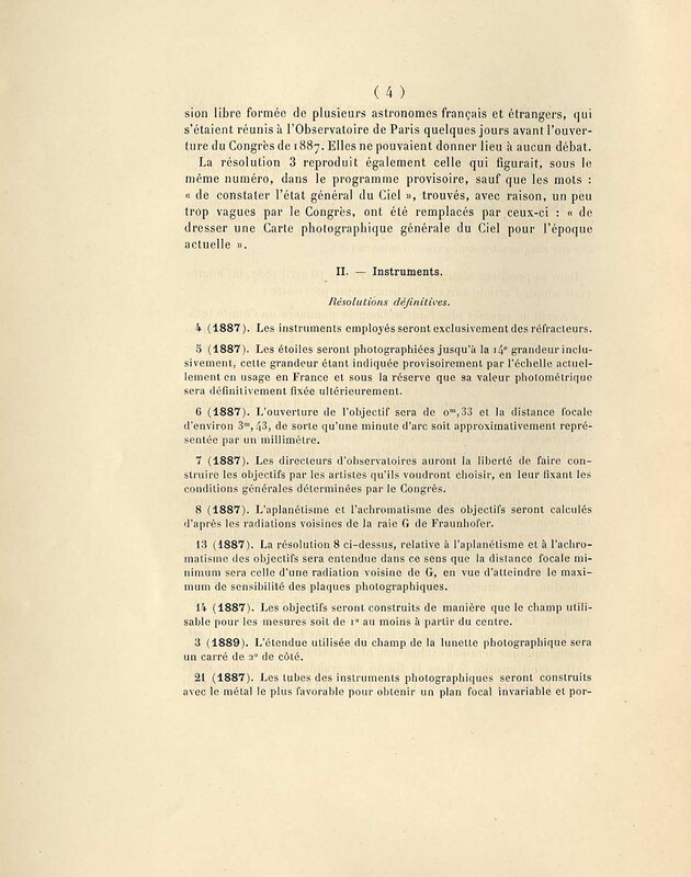 Commentaires des décisions prises par les conférences internationales qui se réunirent à l'Observatoire de Paris en 1887, 1889 et 1891 pour l'exécution photographique d'une carte du ciel (2 sur 2)