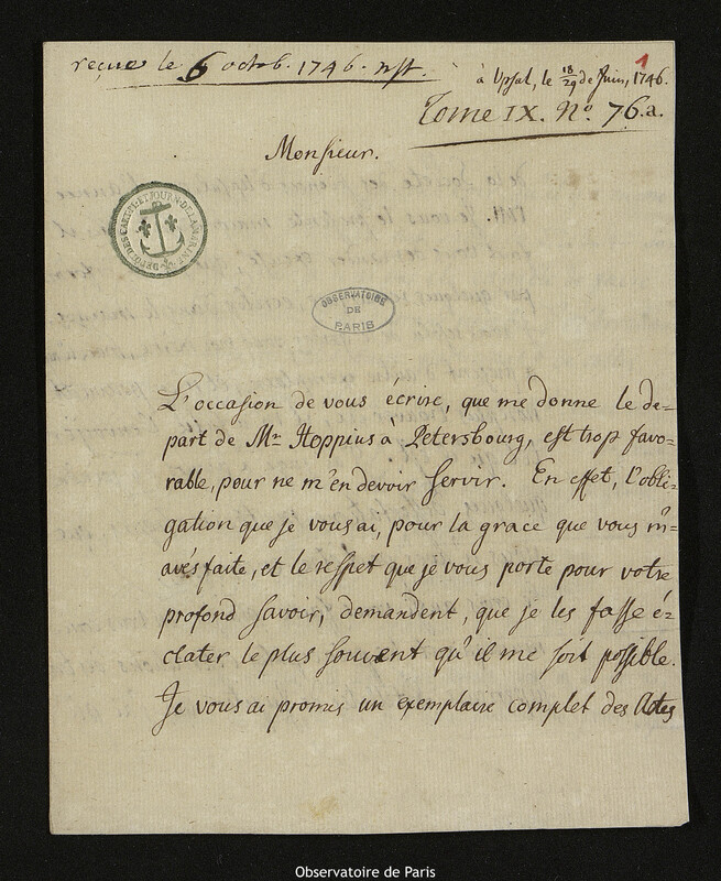 Lettre de Pehr Wilhelm Wargentin à Joseph-Nicolas Delisle, Uppsala, 29 juin 1746