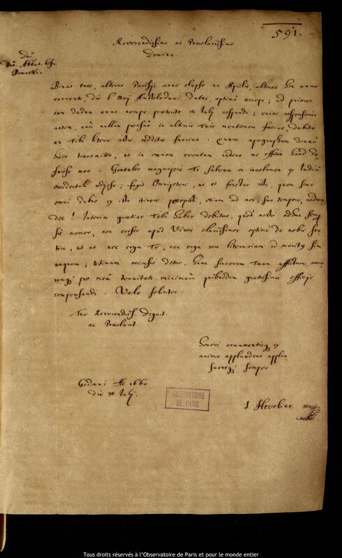 Lettre de Jan Heweliusz à Cosimo Brunetti, Gdansk, 30 juillet 1660