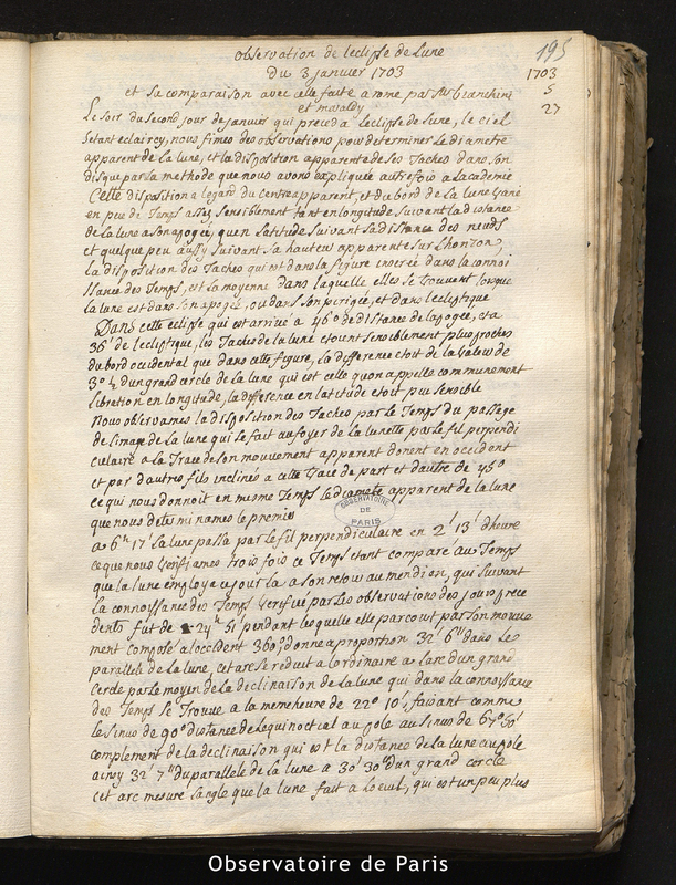 CASSINI I. Observations de l'éclipse de Lune du 3 janvier 1703 et sa comparaison avec celle faite à Rome par MM. Bianchini et Maraldi