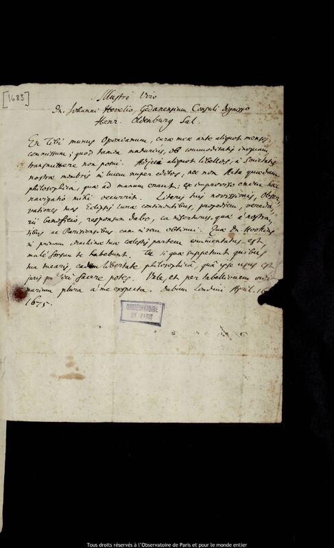 Lettre de Henry Oldenburg à Jan Heweliusz, Londres, 16 avril 1675