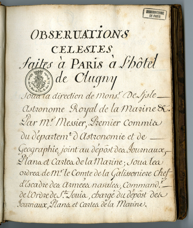 Observations célestes faites à Paris à l'Hôtel de Cluny par Charles Messier