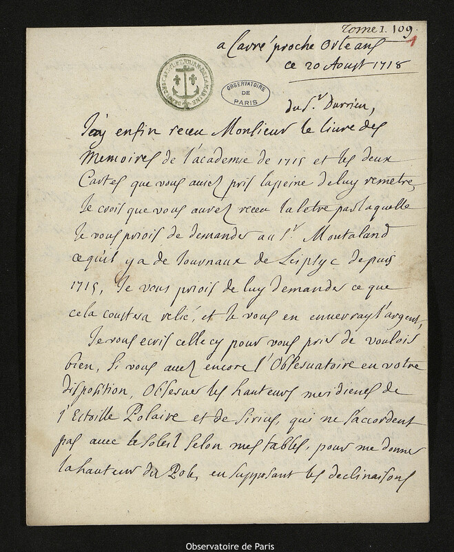 Lettre de Jacques d'Allonville de Louville à Joseph-Nicolas Delisle, Lieu-dit Le Clos du Petit Carré, 20 mai 1718