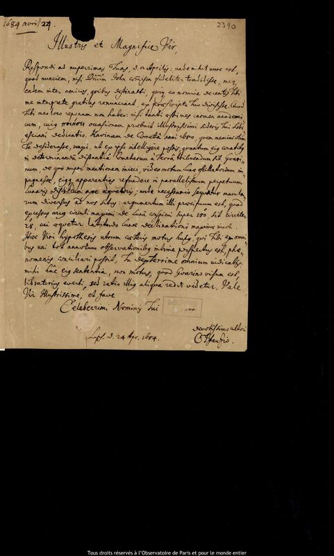 Lettre de Christoph Pfautz à Jan Heweliusz, Leipzig, 24 avril 1684