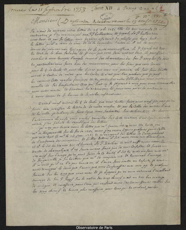 Lettre de Antoine Gaubil à Joseph-Nicolas Delisle, Pékin, 22 octobre 1752