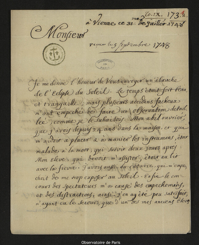 Lettre de Giovanni Giacomo Marinoni à Joseph-Nicolas Delisle, Vienne, 31 juillet 1748