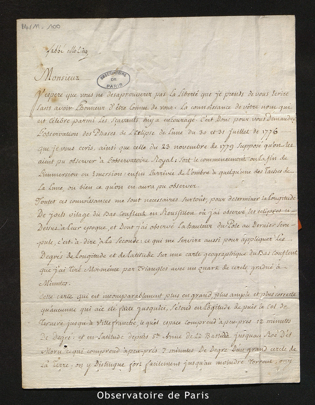 Lettre de Molins (l'abbé) à Cassini IV, Joch le 15 juin 1781