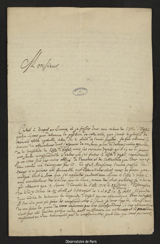 Lettre de Augustin Nathanael Grischow à Joseph-Nicolas Delisle, Saint-Pétersbourg, 9 février 1739