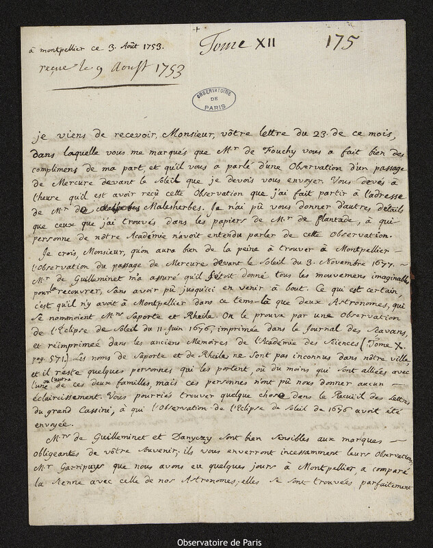 Lettre de Étienne-Hyacinthe de Ratte à Joseph-Nicolas Delisle, Montpellier, 3 août 1753